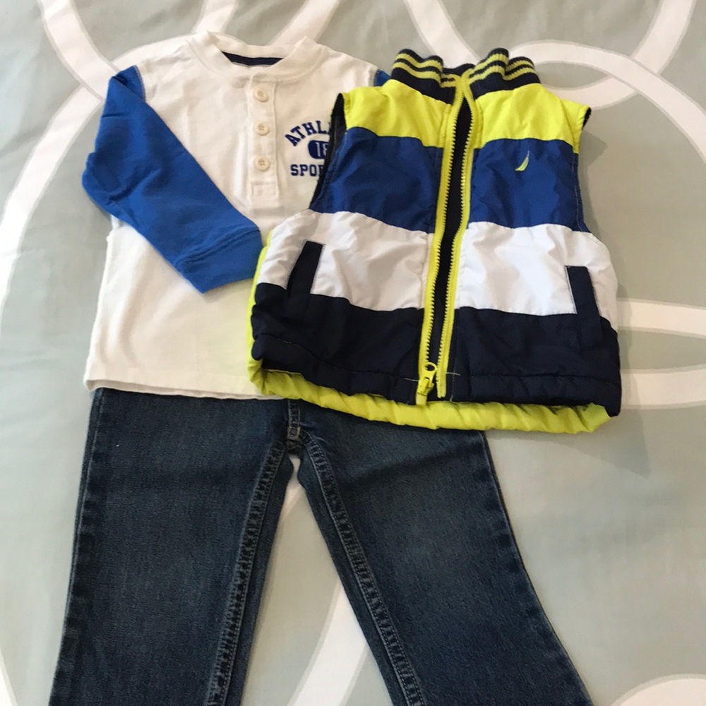 Nautica vest and Carter's jeans and shirt.
